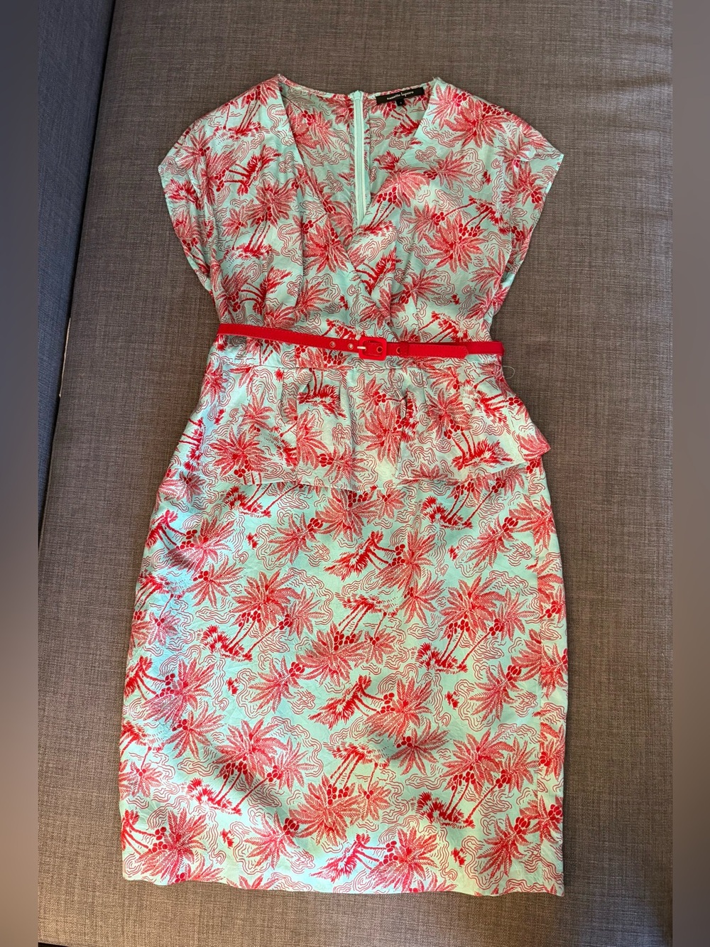 Nanette Lepore Mint and Red Floral Midi Dress with Belt. Sz 4